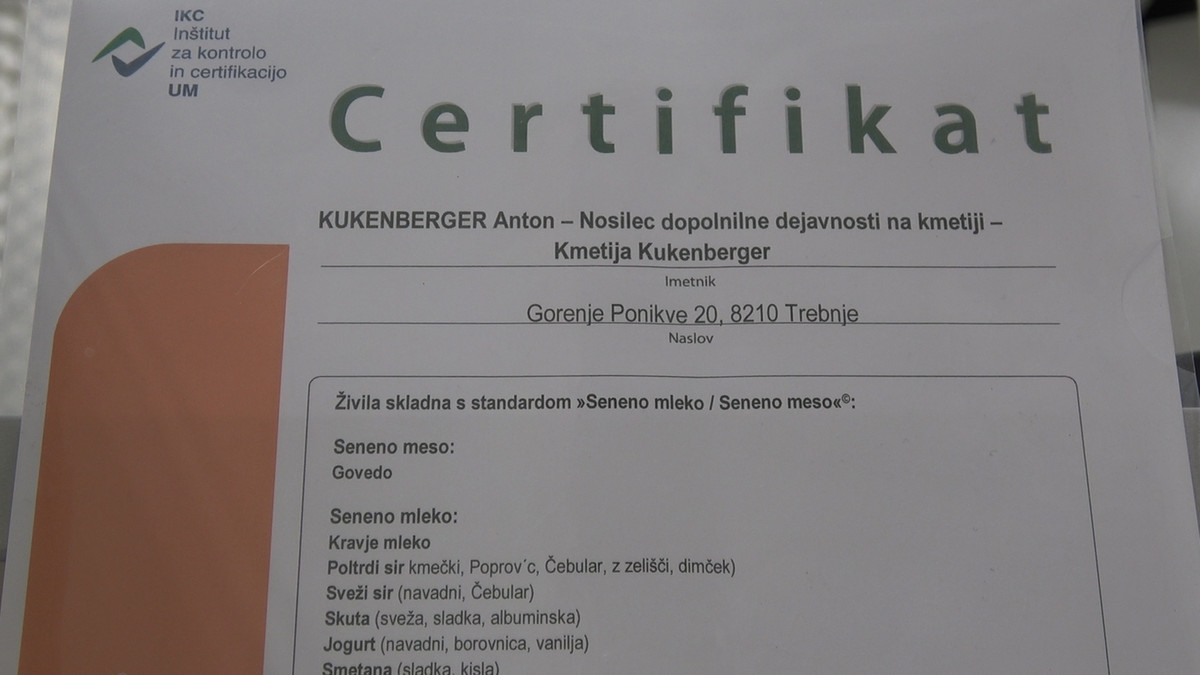 Certifikat ekološke kmetije Kukenberger, Gornje Ponikve<br>(Avtor: Milan Skledar)