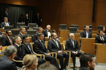 Marjan Šarec, predsednik Vlade RS, Borut Pahor, predsednik Republike Slovenije, Alojz Kovšca, predsednik Državnega sveta in Damijan Florjančič, predsednik Vrhovnega sodišča na slavnostni seji Državnega zbora, 2018 <br>(Avtor: Milan Skledar)