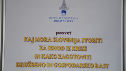 Plakat posveta: Kaj mora <Slovenija storiti za izhod izkrize<br>(Avtor: Milan Skledar)