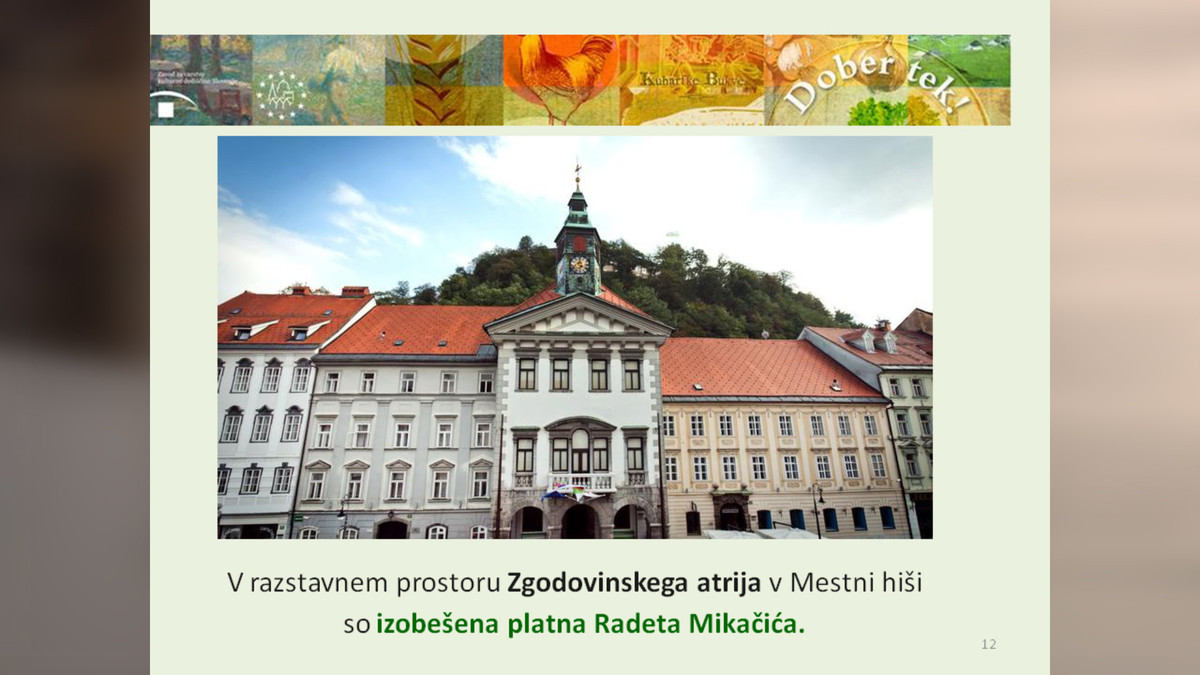 V razstavnem prostoru Zgodovinskega atrija v Mestni hiši so izobešena platna Radeta Mikačića<br>(Avtor: Milan Skledar)