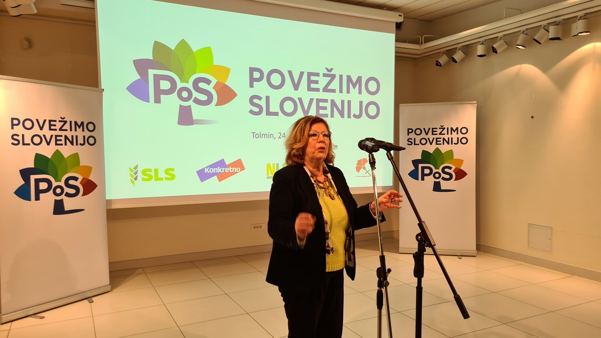 Dr. Nada Pavšer, koordinatorka gibanja Povežimo Slovenijo. Srečanje gibanja Povežimo Slovenijo, ki je nastalo s ciljem povezovanja različnosti in najboljšega, je 25. februarja 2022, potekalo v knjižnici Cirila Kosmača v Tolminu<br>(Avtor: Milan Skledar)