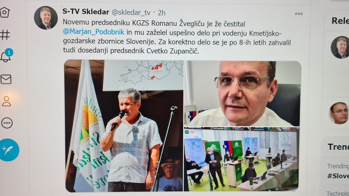 Objava na Twitterju o zmagi novega predsednika KGZS, Romana Žvegliča<br>(Avtor: Milan Skledar)