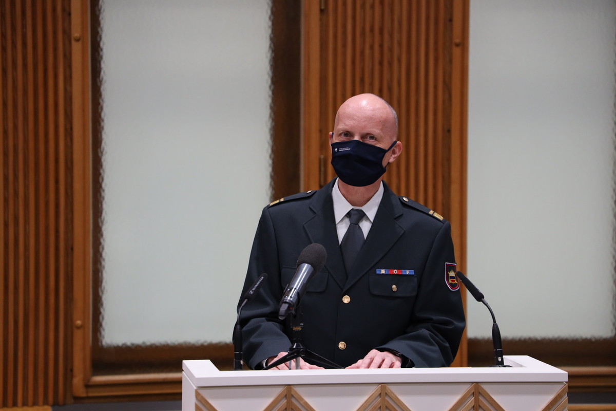 brig. Branimir Furlan, poveljnik Poveljstva sil Slovenski vojske na posvetu o nujnosti investicij v Slovensko Vojsko (SV) v DS, 2020<br>(Avtor: Milan Skledar)