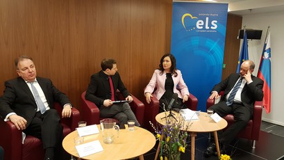 Mag. Andrej Šircelj, poslanec SDS, Jure Ferjan, moderator in Patricija Šulin, evropska poslanka in Alojz kovšca, predsednik Državnega sveta<br>(Avtor: Milan Skledar)
