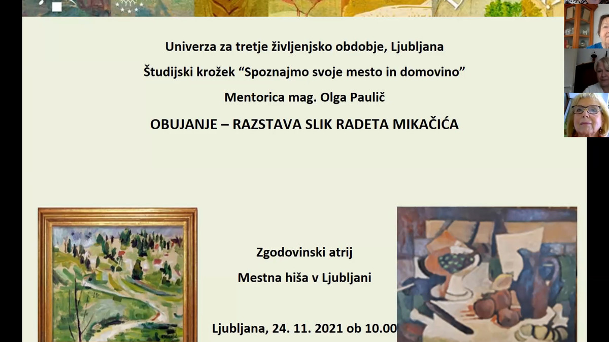 Med odprtjem razstave Obujanje Radeta Mikačića prek povezave Zoom v Mestni hiši v LJ<br>(Avtor: Milan Skledar)